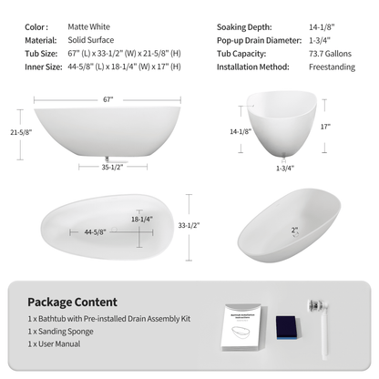 67' Freestanding Solid Surface Bathtub, Luxury Engineered Stone Resin Freestanding Soaking Bathtub with Overflow and Pop - up Drain for Contemporary Bathroom, Matte White 24S02 - 67MW - 1st Choice Furniture Direct