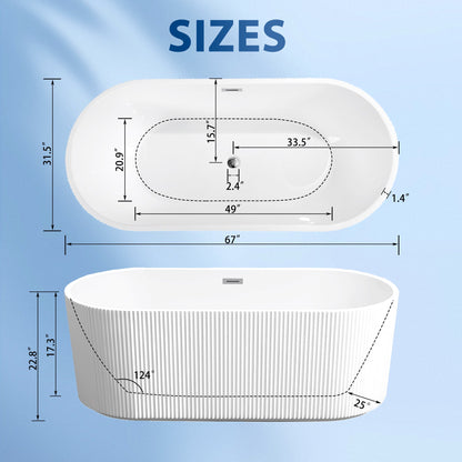 67' Linear Acrylic Freestanding Bathtub,Stand Alone Soaker Tub, Glossy White Acrylic, Toe - tap Chrome Drain, cUPC Certified - 1st Choice Furniture Direct