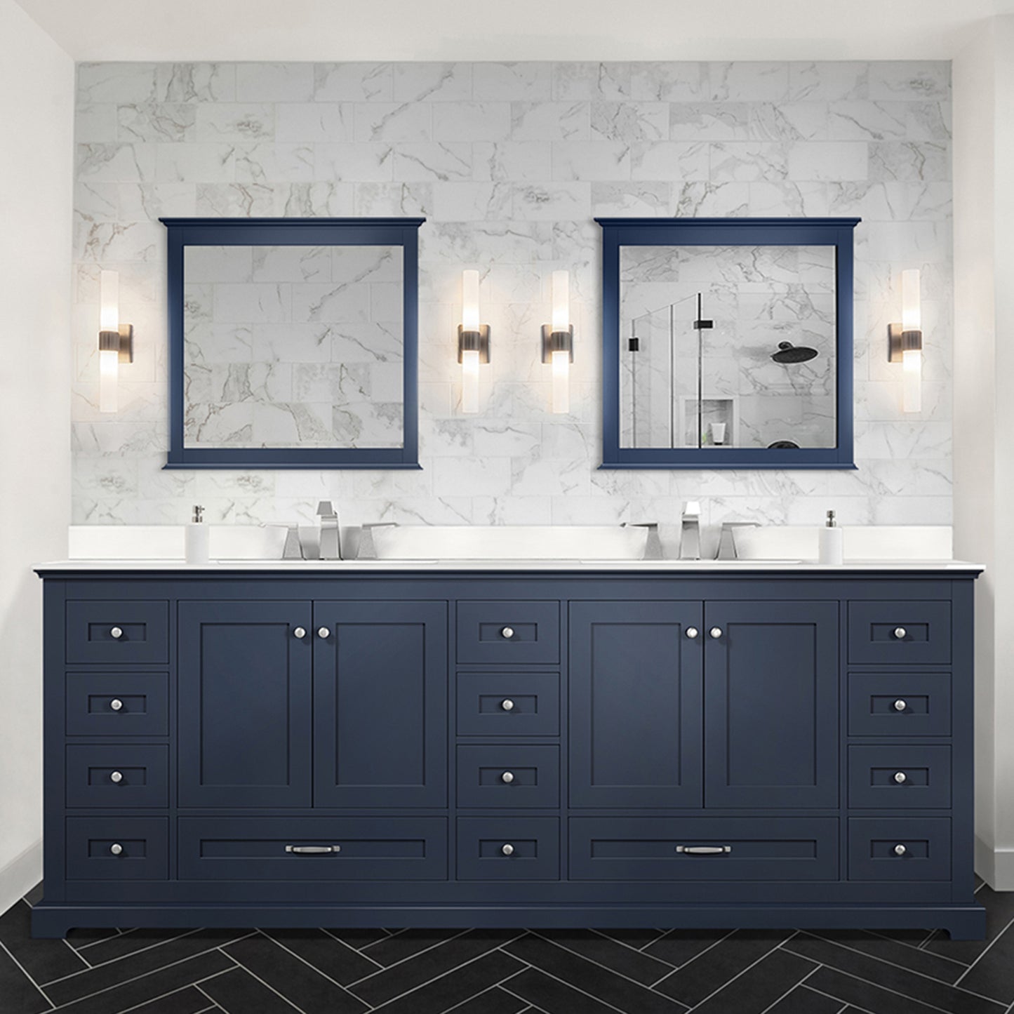 Navy Blue Double Bath Vanity 84 in. W x 22 in. D, White Quartz Top, and Faucet Set