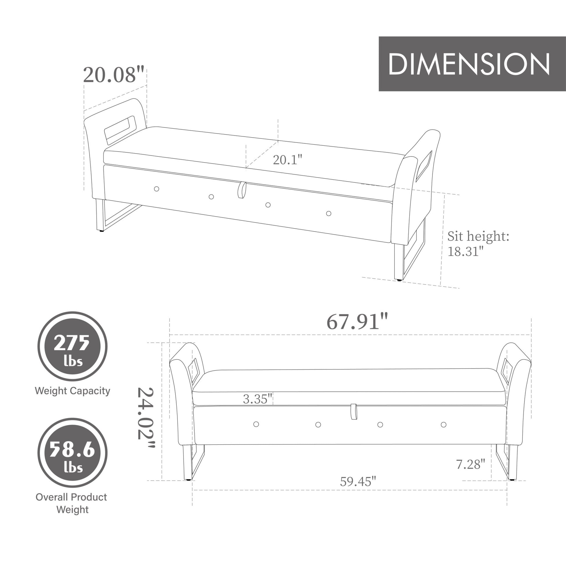 67.91' Wide Storage Soft Ottoman Bench with Armrests,Footrest Bed End Stool for Living Room, Dorm, Entryway and Bedroom, Beige - 1st Choice Furniture Direct