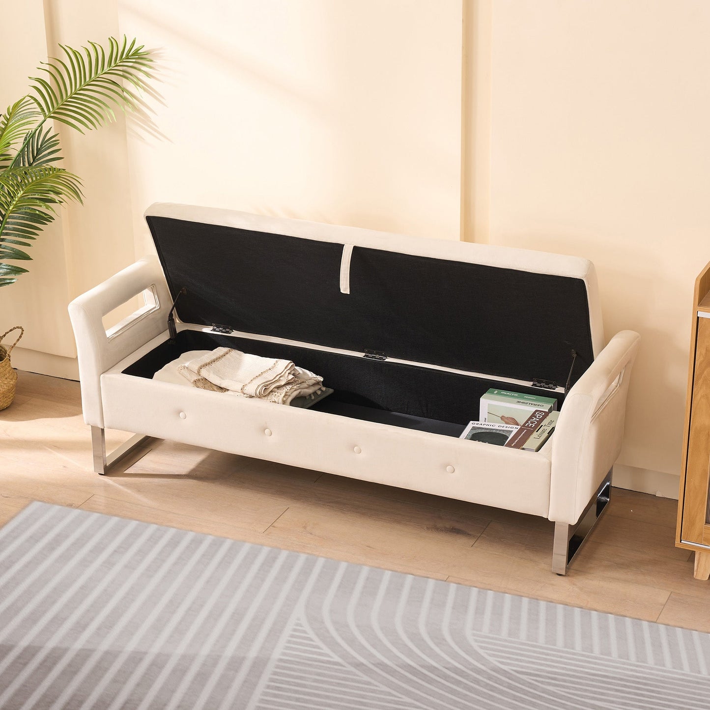 67.91' Wide Storage Soft Ottoman Bench with Armrests,Footrest Bed End Stool for Living Room, Dorm, Entryway and Bedroom, Beige - 1st Choice Furniture Direct