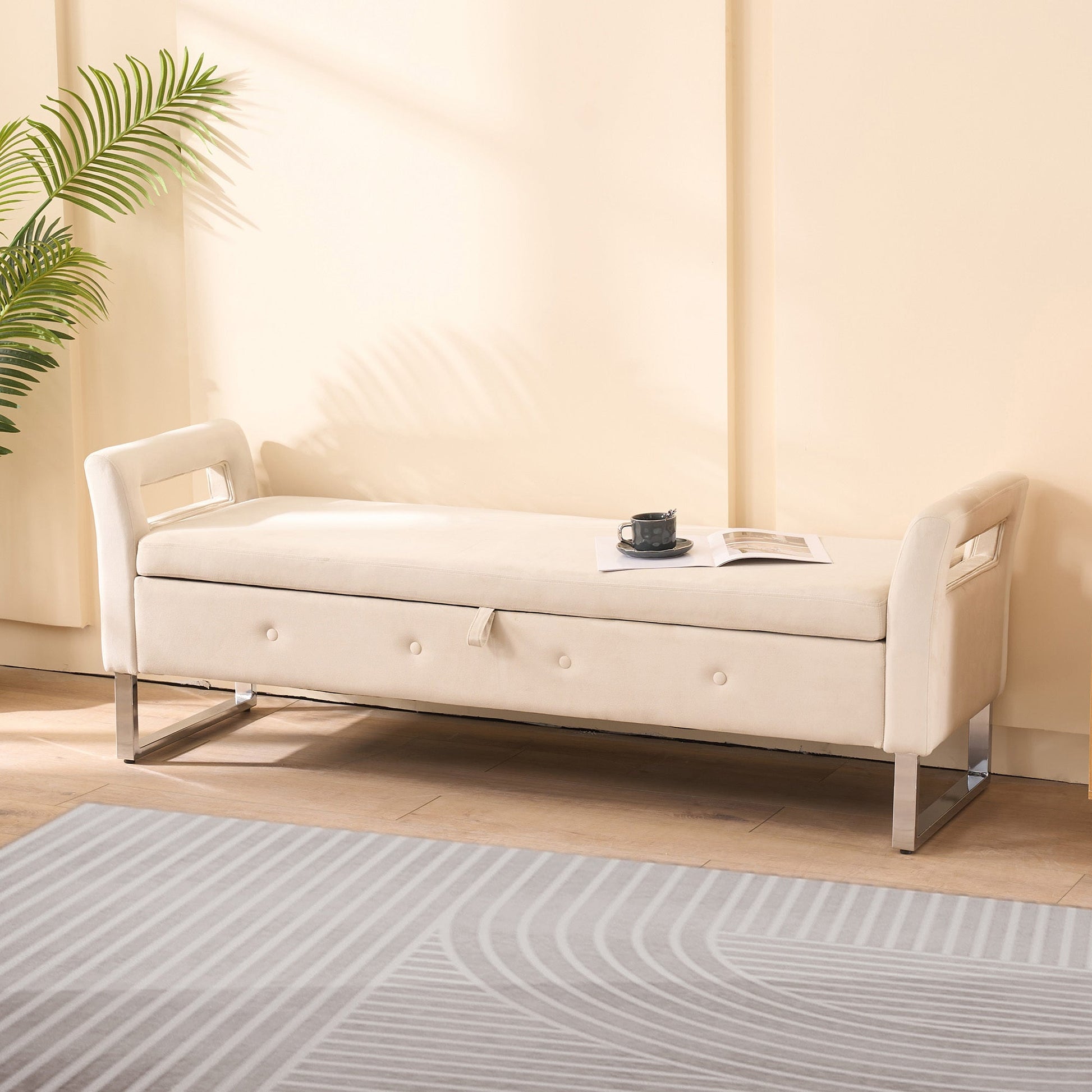 67.91' Wide Storage Soft Ottoman Bench with Armrests,Footrest Bed End Stool for Living Room, Dorm, Entryway and Bedroom, Beige - 1st Choice Furniture Direct