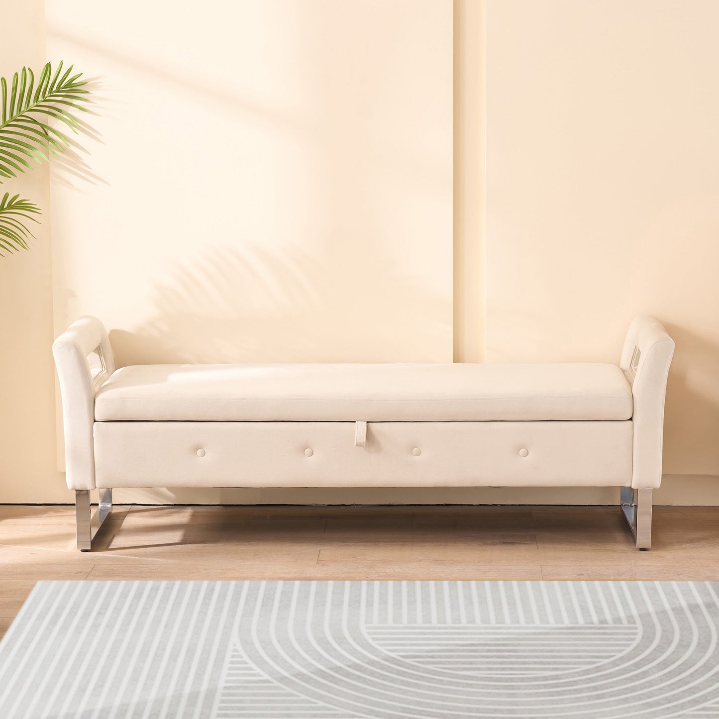 67.91' Wide Storage Soft Ottoman Bench with Armrests,Footrest Bed End Stool for Living Room, Dorm, Entryway and Bedroom, Beige - 1st Choice Furniture Direct