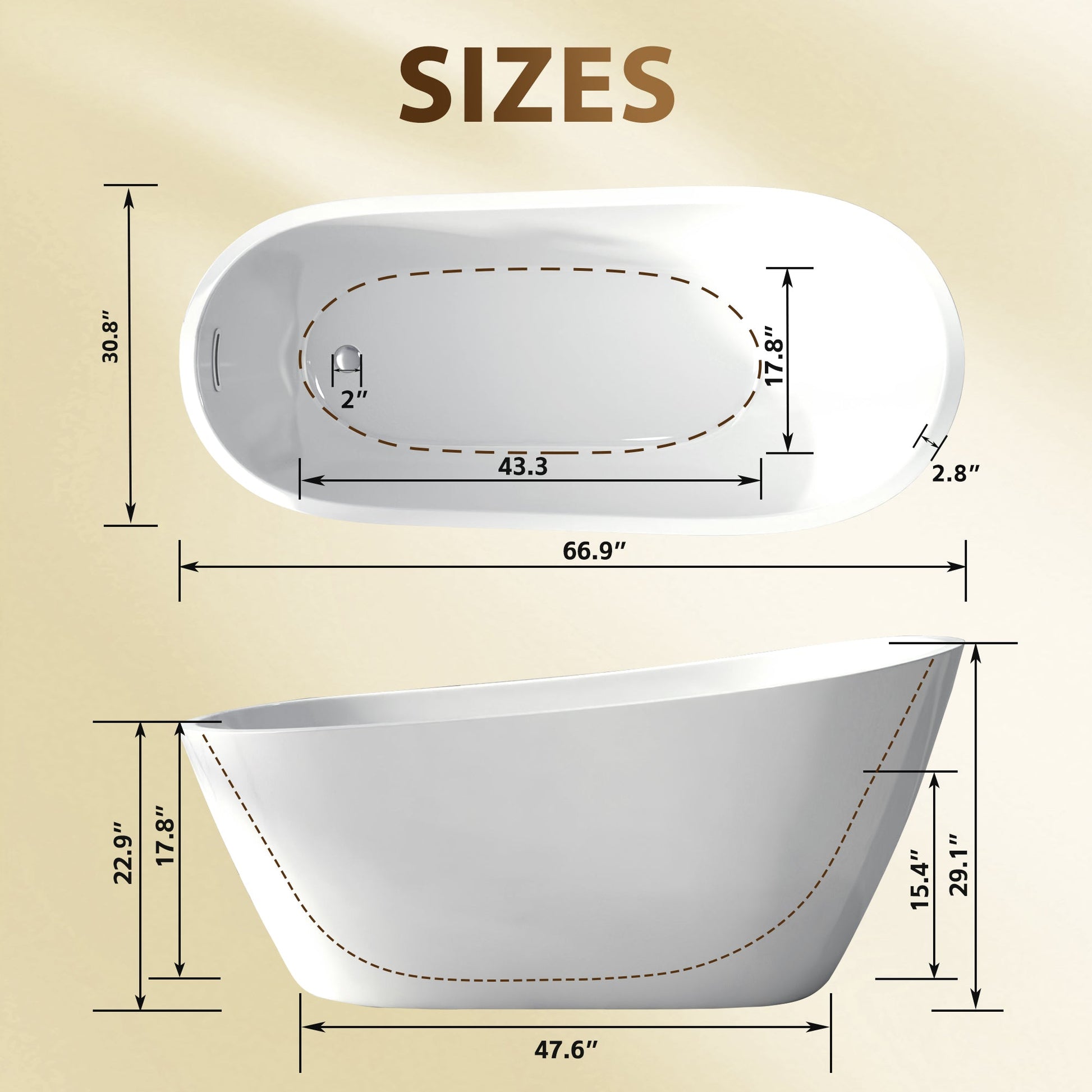 67'Special - shaped Freestanding Slipper Bathtub: Gloss White Finish, Chrome Overflow & Pop - Up Drain, cUPC Certified - 1st Choice Furniture Direct