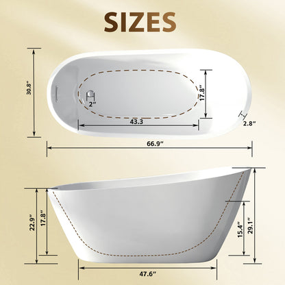 67'Special - shaped Freestanding Slipper Bathtub: Gloss White Finish, Chrome Overflow & Pop - Up Drain, cUPC Certified - 1st Choice Furniture Direct