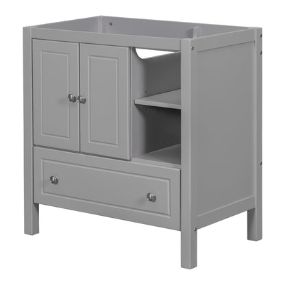 30' Bathroom Vanity Base Only, Solid Wood Frame, Bathroom Storage Cabinet with Doors and Drawers, Grey