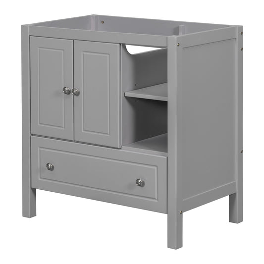 30' Bathroom Vanity Base Only, Solid Wood Frame, Bathroom Storage Cabinet with Doors and Drawers, Grey