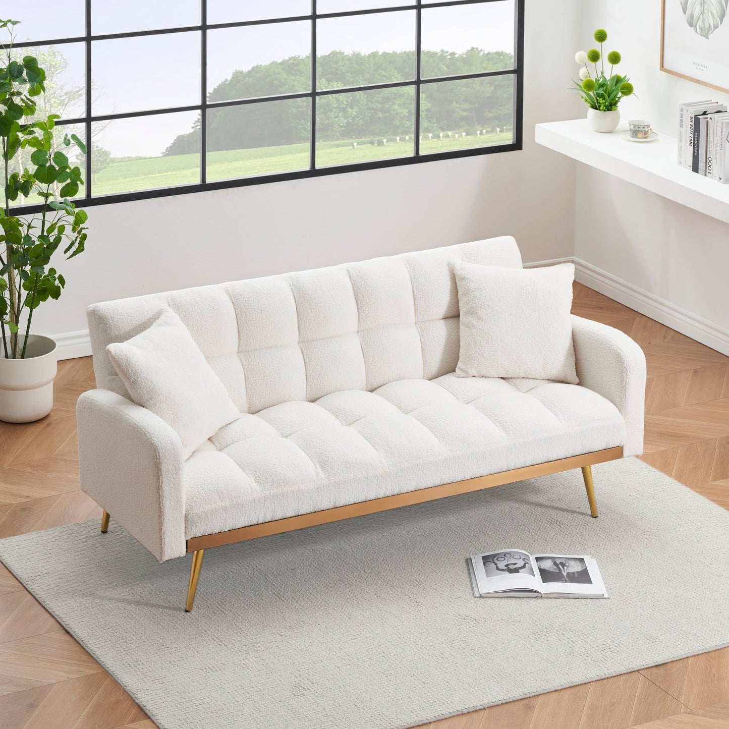 69 Inch Sofa Bed Beige with Adjustable Teddy Sofa for Small Space Living Room and Bedroom - 1st Choice Furniture Direct