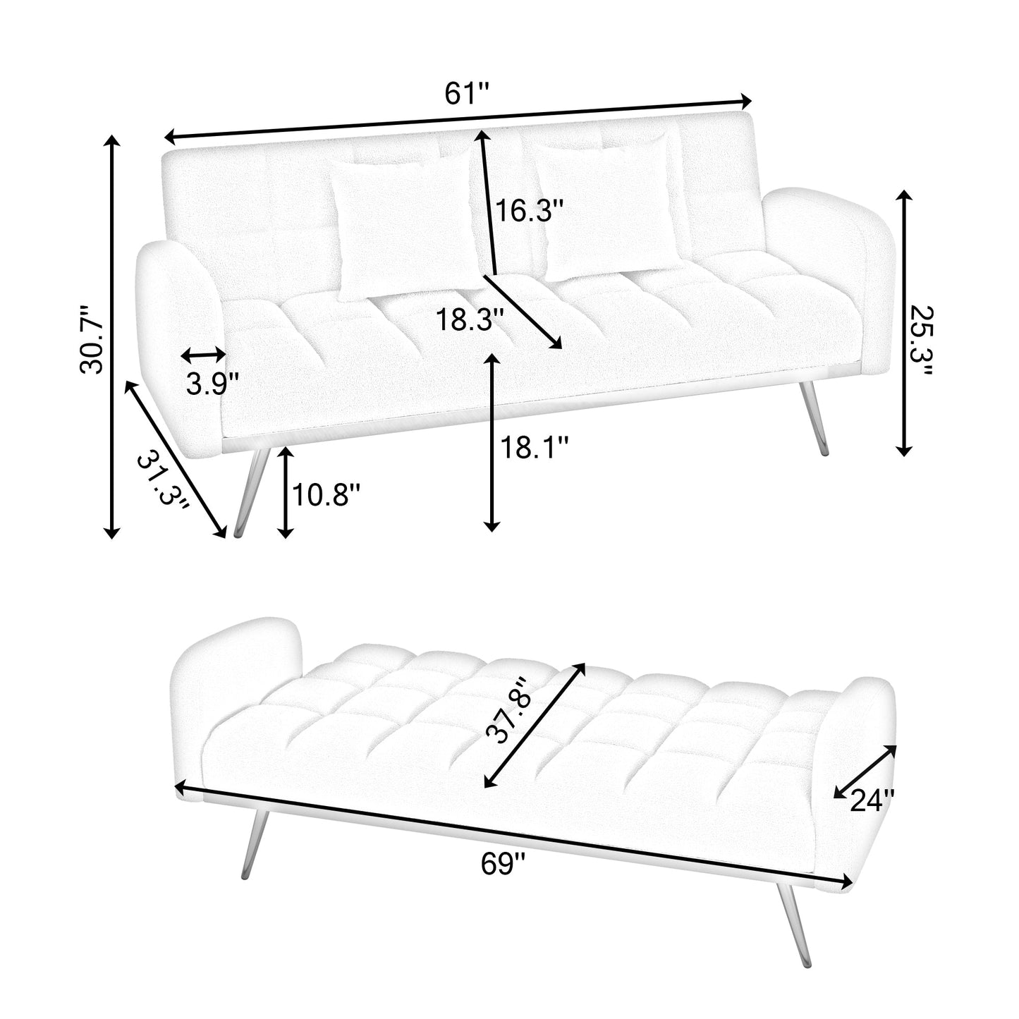 69 Inch Sofa Bed Beige with Adjustable Teddy Sofa for Small Space Living Room and Bedroom - 1st Choice Furniture Direct