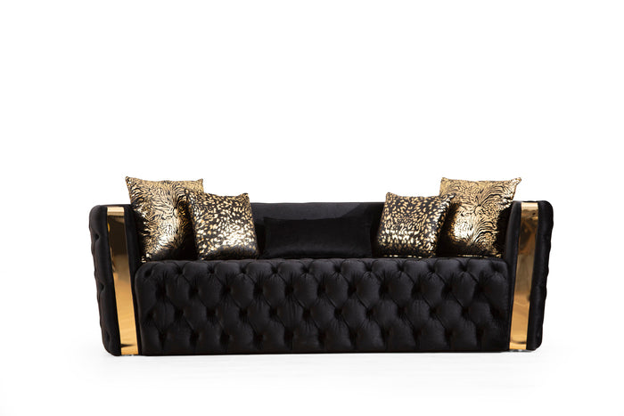 1st Choice Button Tufted 3Pc Black Sofa Set with Velvet Fabric and Gold Accent