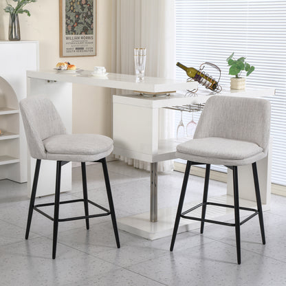 Counter Height Swivel Bar Stools Set of 2, 360° Swivel Upholstered Barstools with Back and Metal Legs, 25.6' Seat Height,Counter Stools for Kitchen Island and Pub,Linen Cloth,Off White Linen.