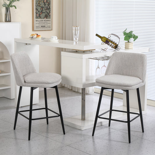 Counter Height Swivel Bar Stools Set of 2, 360° Swivel Upholstered Barstools with Back and Metal Legs, 25.6' Seat Height,Counter Stools for Kitchen Island and Pub,Linen Cloth,Off White Linen.