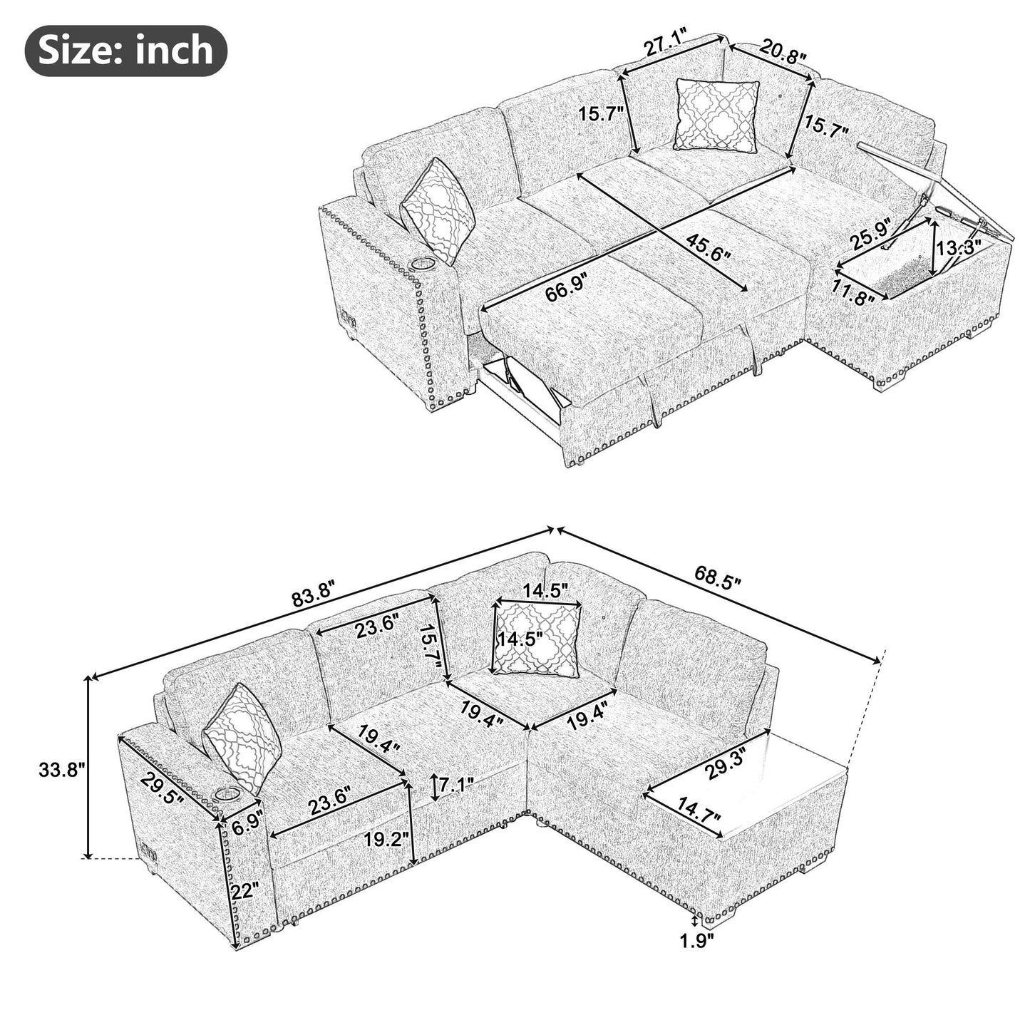 1st Choice Modern 83.8" Reversible Sectional Pull-Out Sofa Bed L-Shaped