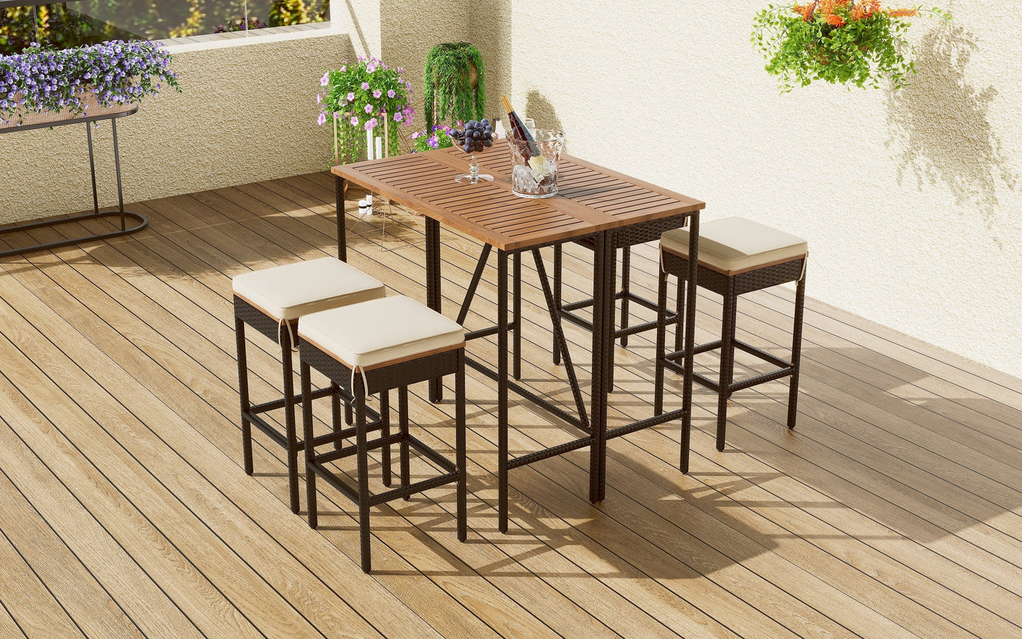 1st Choice 5pc Outdoor Wood Bar Height Table And 4 Stools w/ Cushions