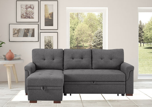 Hunter 84' Dark Gray Linen Reversible Sleeper Sectional Sofa with Storage Chaise