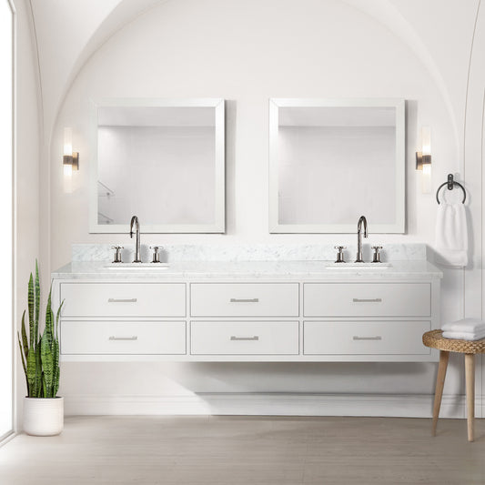 White Double Bath Vanity 84 in. W x 22 in. D, Carrara Marble Top, and 36 in. Mirrors