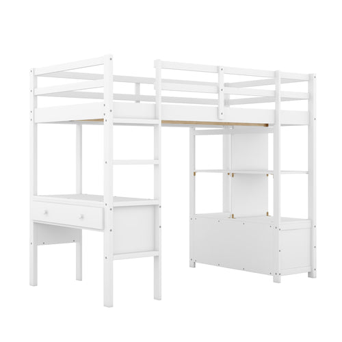 1st Choice Twin Size Loft Bed with Built-in Desk with Two Drawers in White