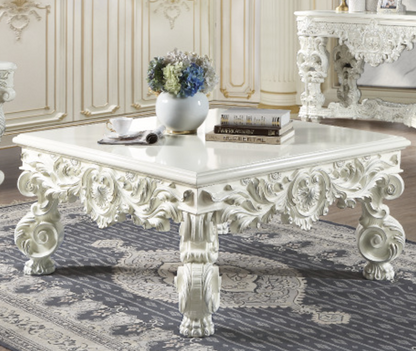 Antique White Square Coffee Table with Hand-Carved Floral Legs