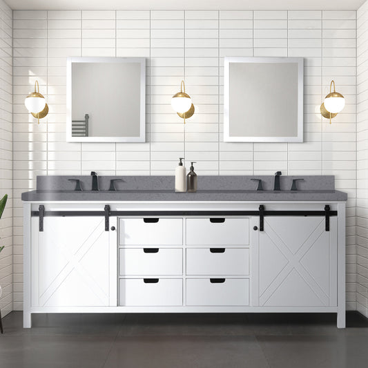 White Double Bath Vanity 84 in. W x 22 in. D, Grey Quartz Countertop, Faucet Set and 34 in. Mirrors