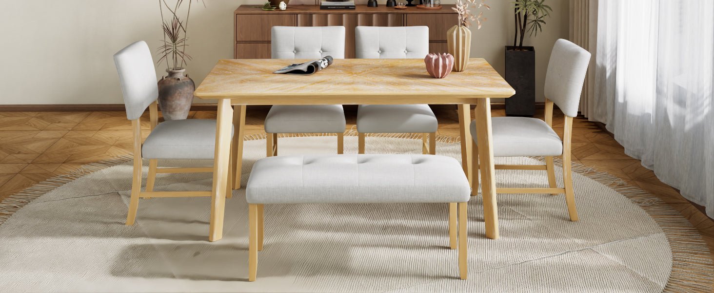 6PCs Dining Room Table Set, Rustic Farmhouse Dining Room Rectangular Table with 4 Upholstered Chairs and Bench, Solid Wood Kitchen Dining Table Set for 6 Persons - 1st Choice Furniture Direct