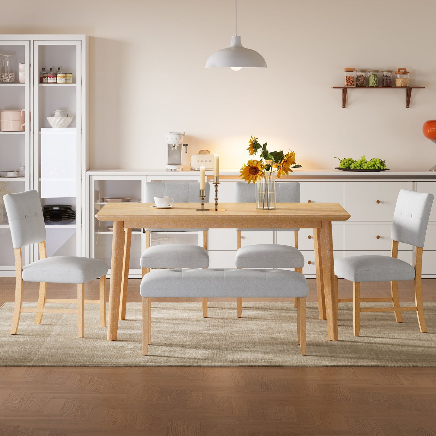 6PCs Dining Room Table Set, Rustic Farmhouse Dining Room Rectangular Table with 4 Upholstered Chairs and Bench, Solid Wood Kitchen Dining Table Set for 6 Persons - 1st Choice Furniture Direct