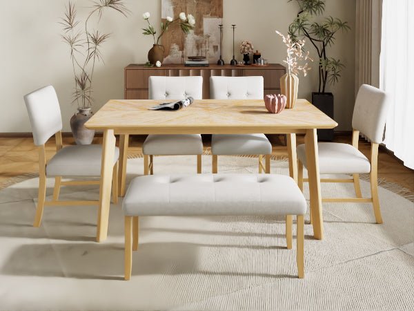 6PCs Dining Room Table Set, Rustic Farmhouse Dining Room Rectangular Table with 4 Upholstered Chairs and Bench, Solid Wood Kitchen Dining Table Set for 6 Persons - 1st Choice Furniture Direct
