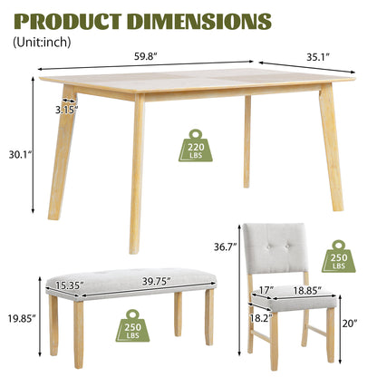 6PCs Dining Room Table Set, Rustic Farmhouse Dining Room Rectangular Table with 4 Upholstered Chairs and Bench, Solid Wood Kitchen Dining Table Set for 6 Persons - 1st Choice Furniture Direct