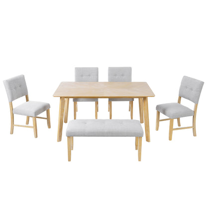 6PCs Dining Room Table Set, Rustic Farmhouse Dining Room Rectangular Table with 4 Upholstered Chairs and Bench, Solid Wood Kitchen Dining Table Set for 6 Persons - 1st Choice Furniture Direct