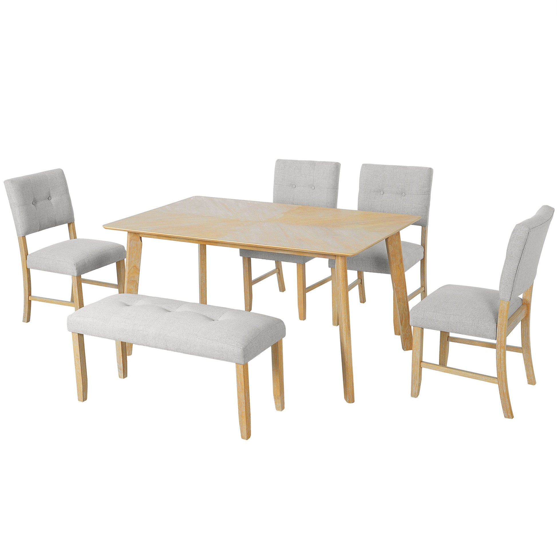 6PCs Dining Room Table Set, Rustic Farmhouse Dining Room Rectangular Table with 4 Upholstered Chairs and Bench, Solid Wood Kitchen Dining Table Set for 6 Persons - 1st Choice Furniture Direct