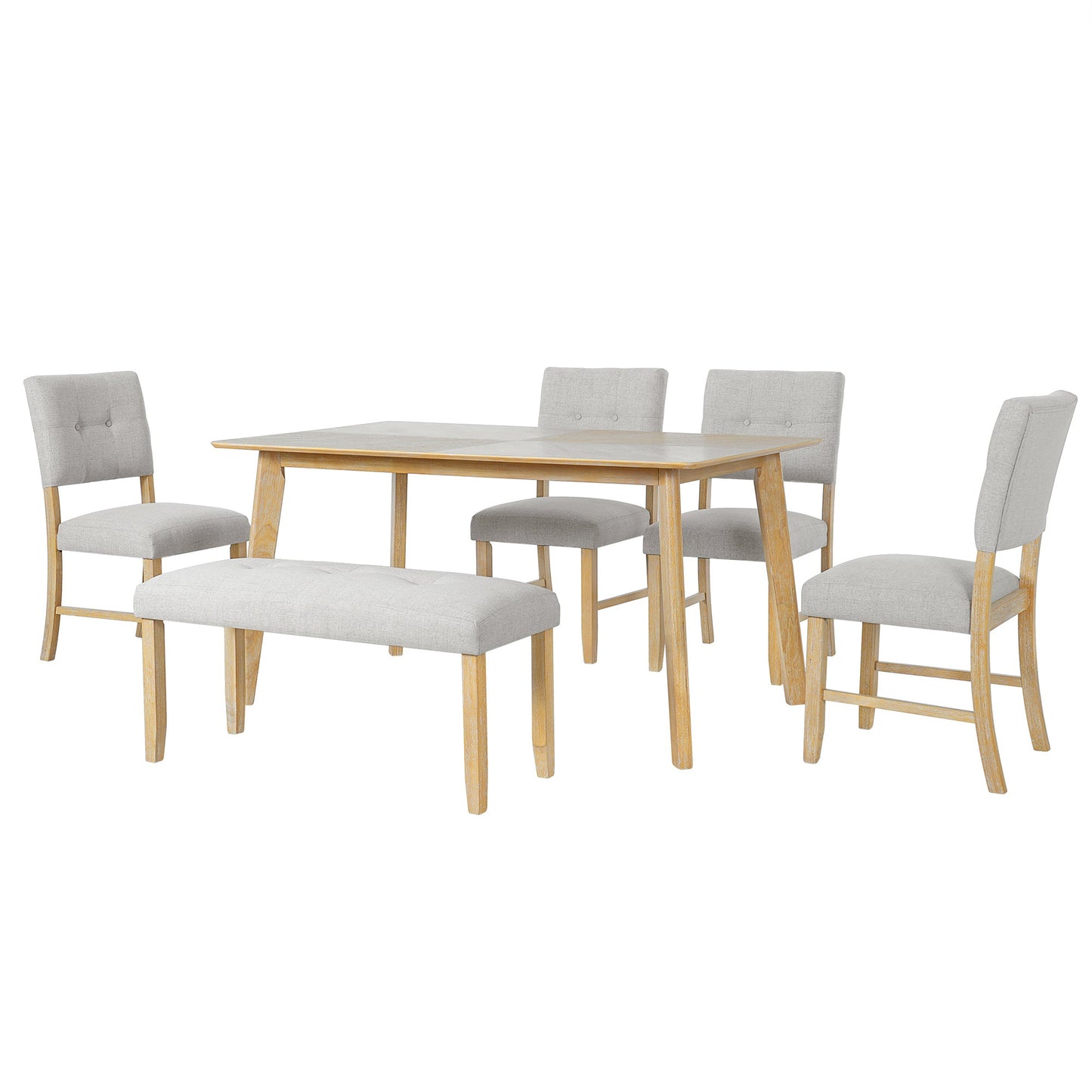 6PCs Dining Room Table Set, Rustic Farmhouse Dining Room Rectangular Table with 4 Upholstered Chairs and Bench, Solid Wood Kitchen Dining Table Set for 6 Persons - 1st Choice Furniture Direct