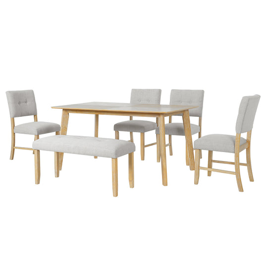 6PCs Dining Room Table Set, Rustic Farmhouse Dining Room Rectangular Table with 4 Upholstered Chairs and Bench, Solid Wood Kitchen Dining Table Set for 6 Persons - 1st Choice Furniture Direct