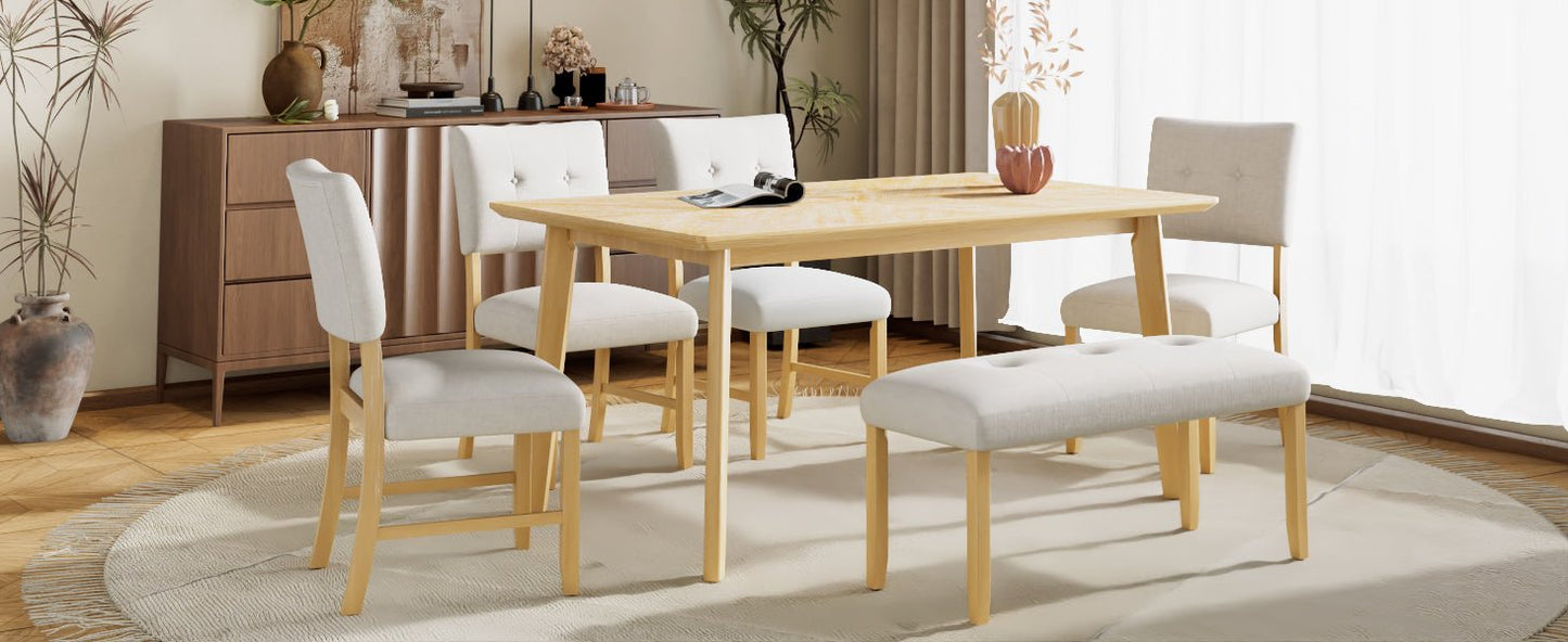 6PCs Dining Room Table Set, Rustic Farmhouse Dining Room Rectangular Table with 4 Upholstered Chairs and Bench, Solid Wood Kitchen Dining Table Set for 6 Persons - 1st Choice Furniture Direct