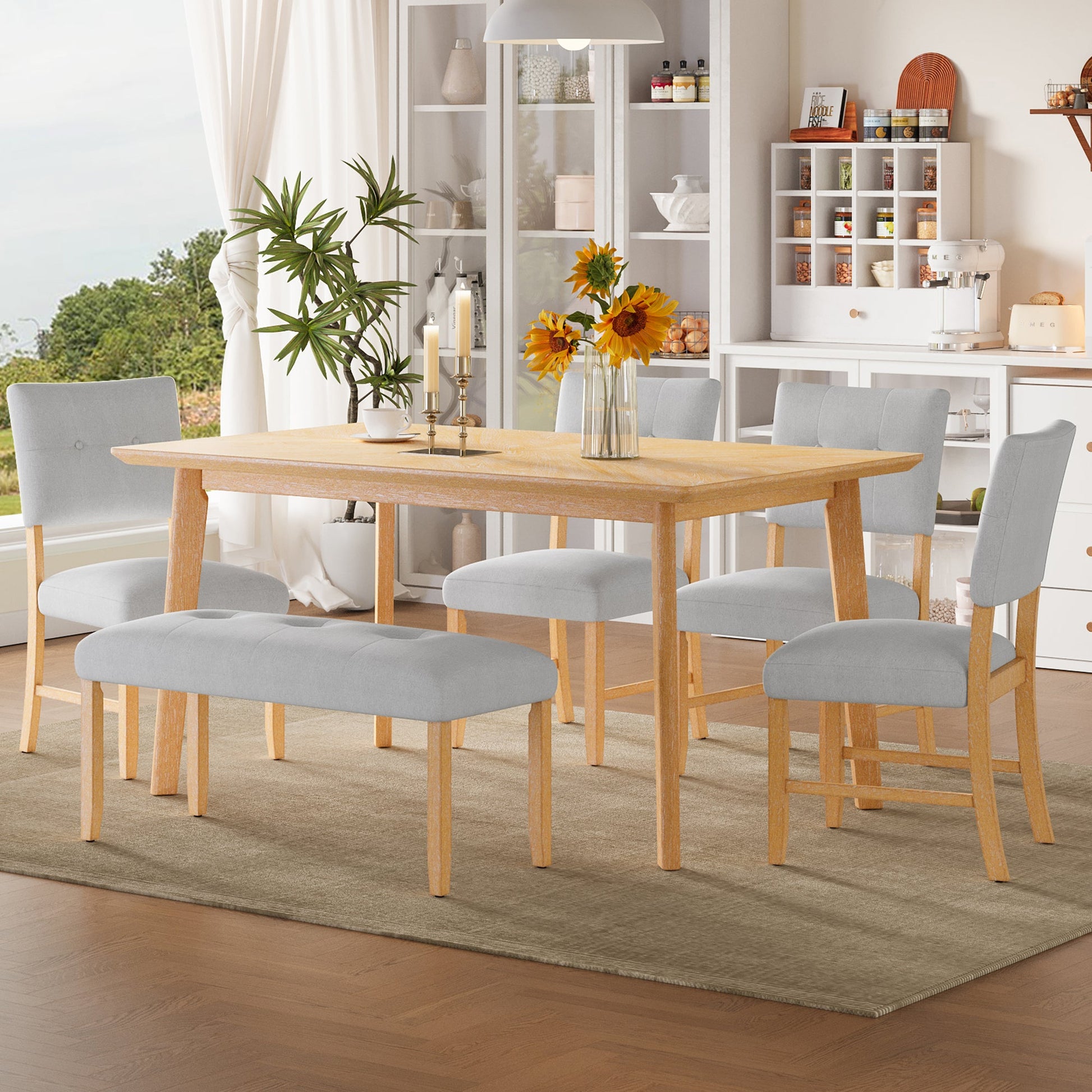 6PCs Dining Room Table Set, Rustic Farmhouse Dining Room Rectangular Table with 4 Upholstered Chairs and Bench, Solid Wood Kitchen Dining Table Set for 6 Persons - 1st Choice Furniture Direct
