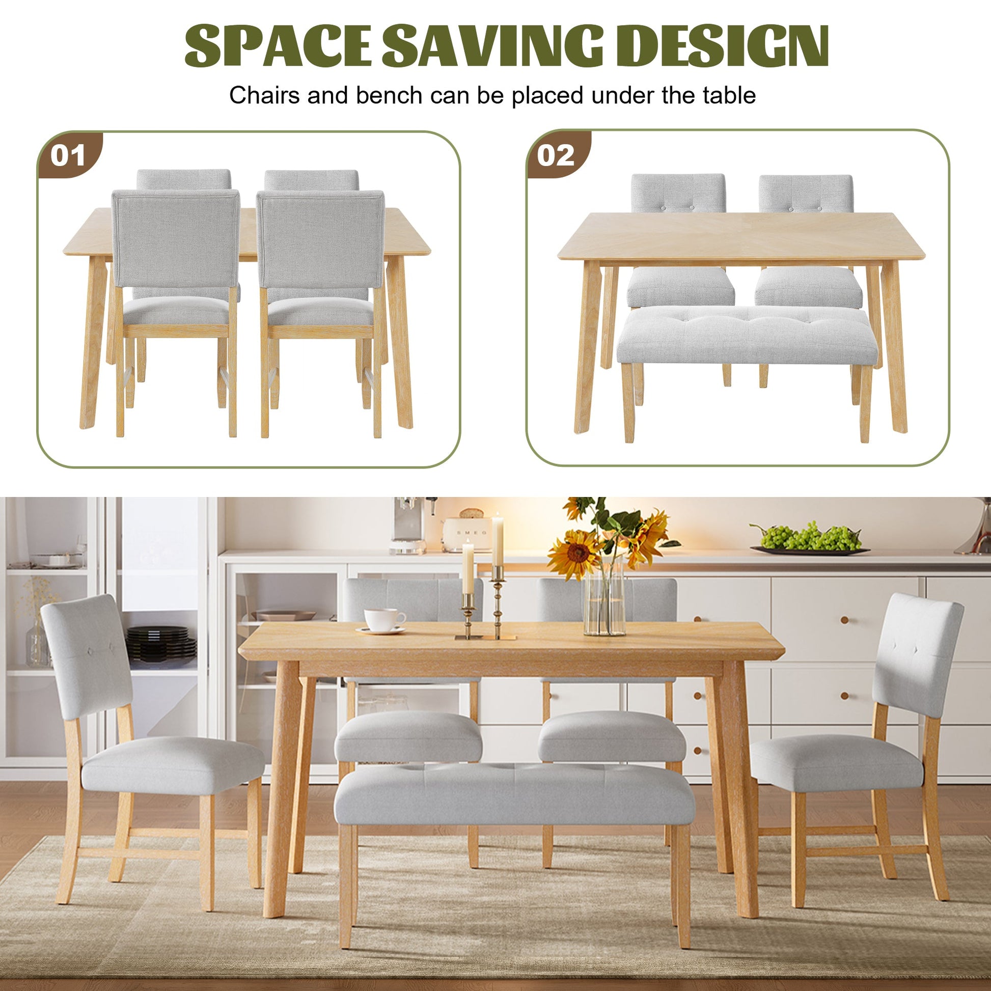6PCs Dining Room Table Set, Rustic Farmhouse Dining Room Rectangular Table with 4 Upholstered Chairs and Bench, Solid Wood Kitchen Dining Table Set for 6 Persons - 1st Choice Furniture Direct