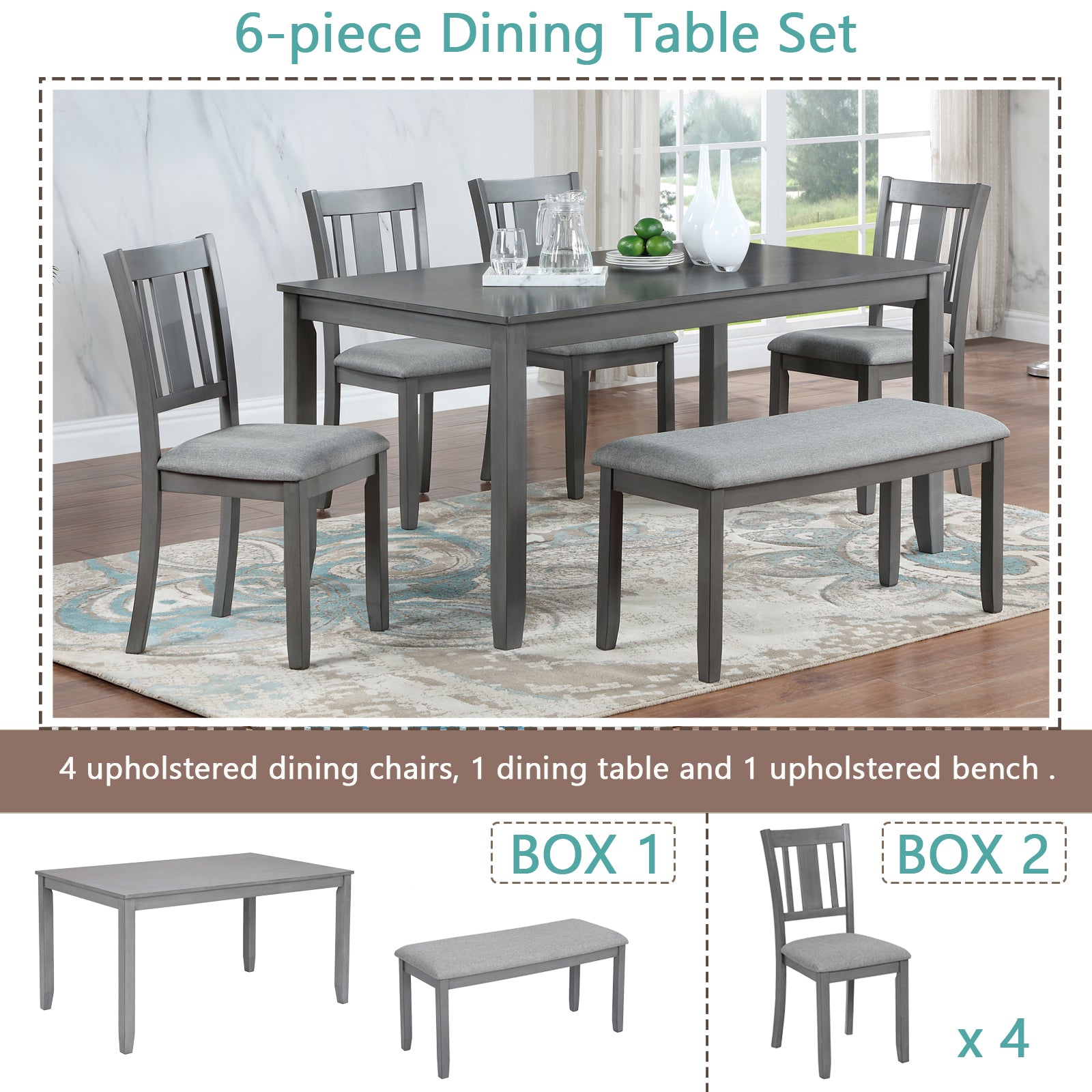 6PCs Kitchen Dining Set, Rectangular Wooden Dining Table with 4 Upholstered Chairs and a Bench, Dining Table Set for 6 People, Living Room, Home Bar and Kitchen, Gray - 1st Choice Furniture Direct