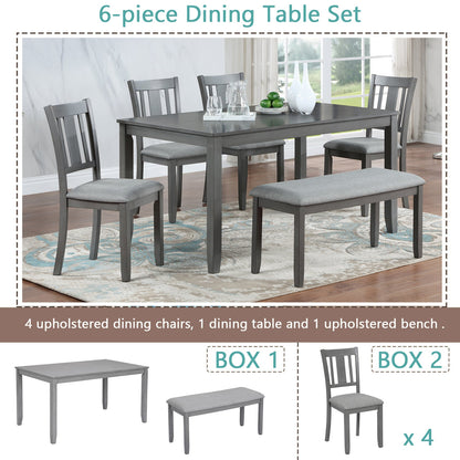 6PCs Kitchen Dining Set, Rectangular Wooden Dining Table with 4 Upholstered Chairs and a Bench, Dining Table Set for 6 People, Living Room, Home Bar and Kitchen, Gray - 1st Choice Furniture Direct