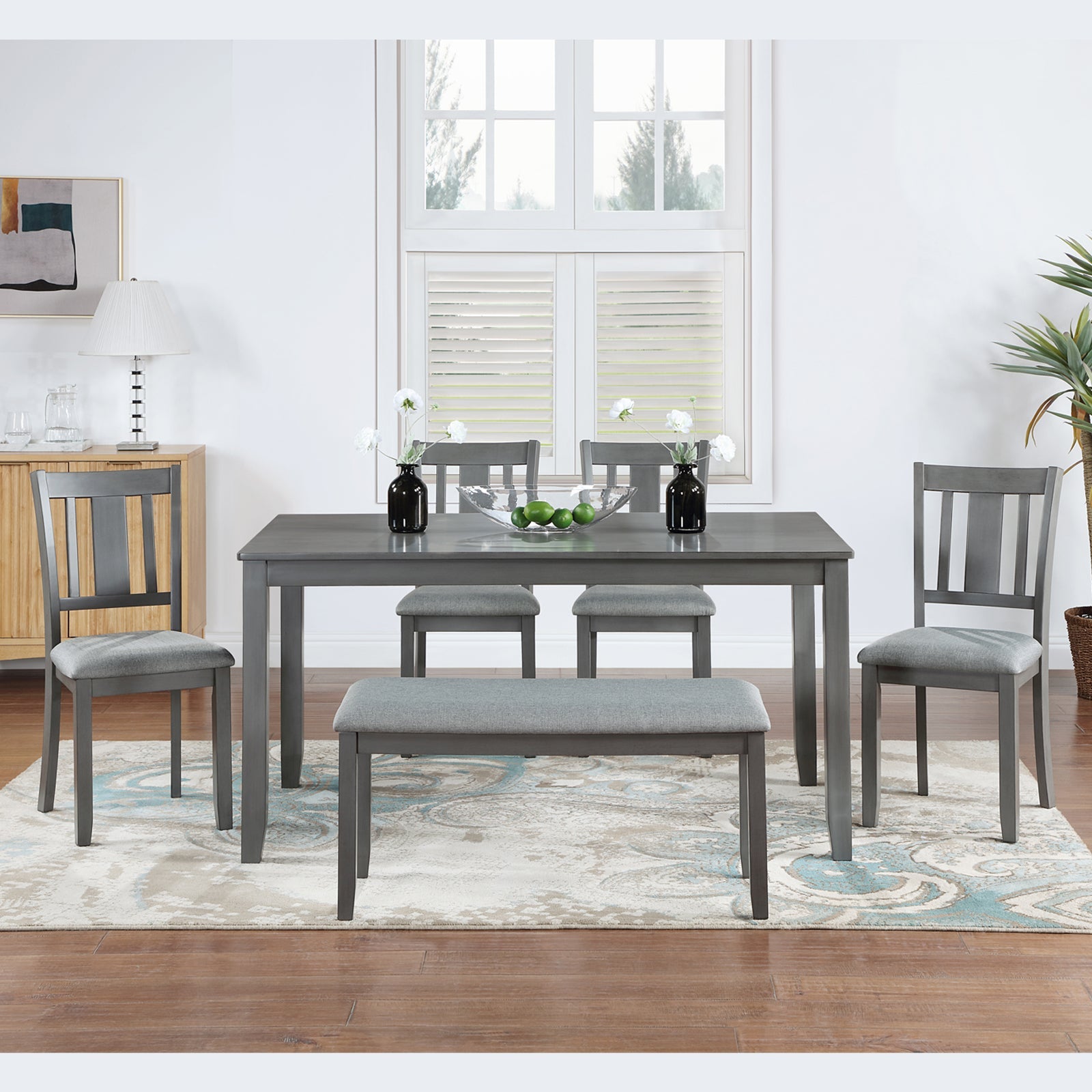 6PCs Kitchen Dining Set, Rectangular Wooden Dining Table with 4 Upholstered Chairs and a Bench, Dining Table Set for 6 People, Living Room, Home Bar and Kitchen, Gray - 1st Choice Furniture Direct
