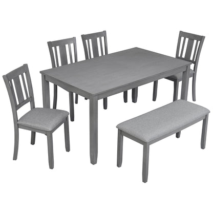 6PCs Kitchen Dining Set, Rectangular Wooden Dining Table with 4 Upholstered Chairs and a Bench, Dining Table Set for 6 People, Living Room, Home Bar and Kitchen, Gray - 1st Choice Furniture Direct