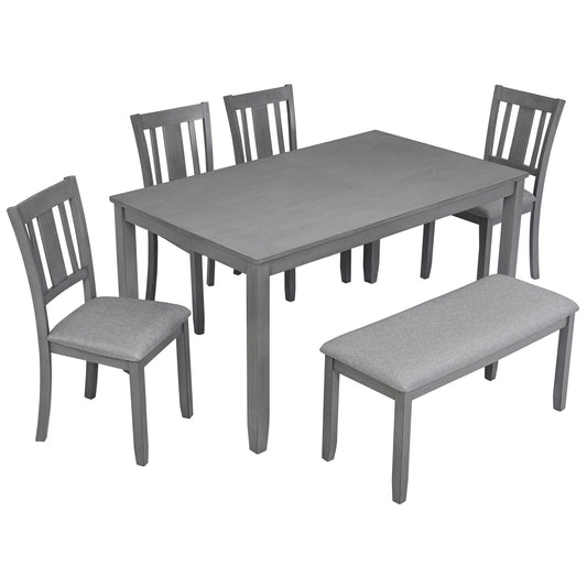 6PCs Kitchen Dining Set, Rectangular Wooden Dining Table with 4 Upholstered Chairs and a Bench, Dining Table Set for 6 People, Living Room, Home Bar and Kitchen, Gray - 1st Choice Furniture Direct