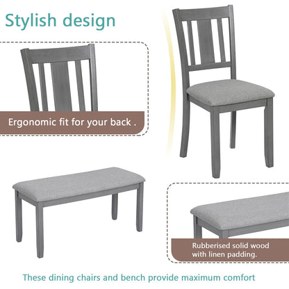 6PCs Kitchen Dining Set, Rectangular Wooden Dining Table with 4 Upholstered Chairs and a Bench, Dining Table Set for 6 People, Living Room, Home Bar and Kitchen, Gray - 1st Choice Furniture Direct