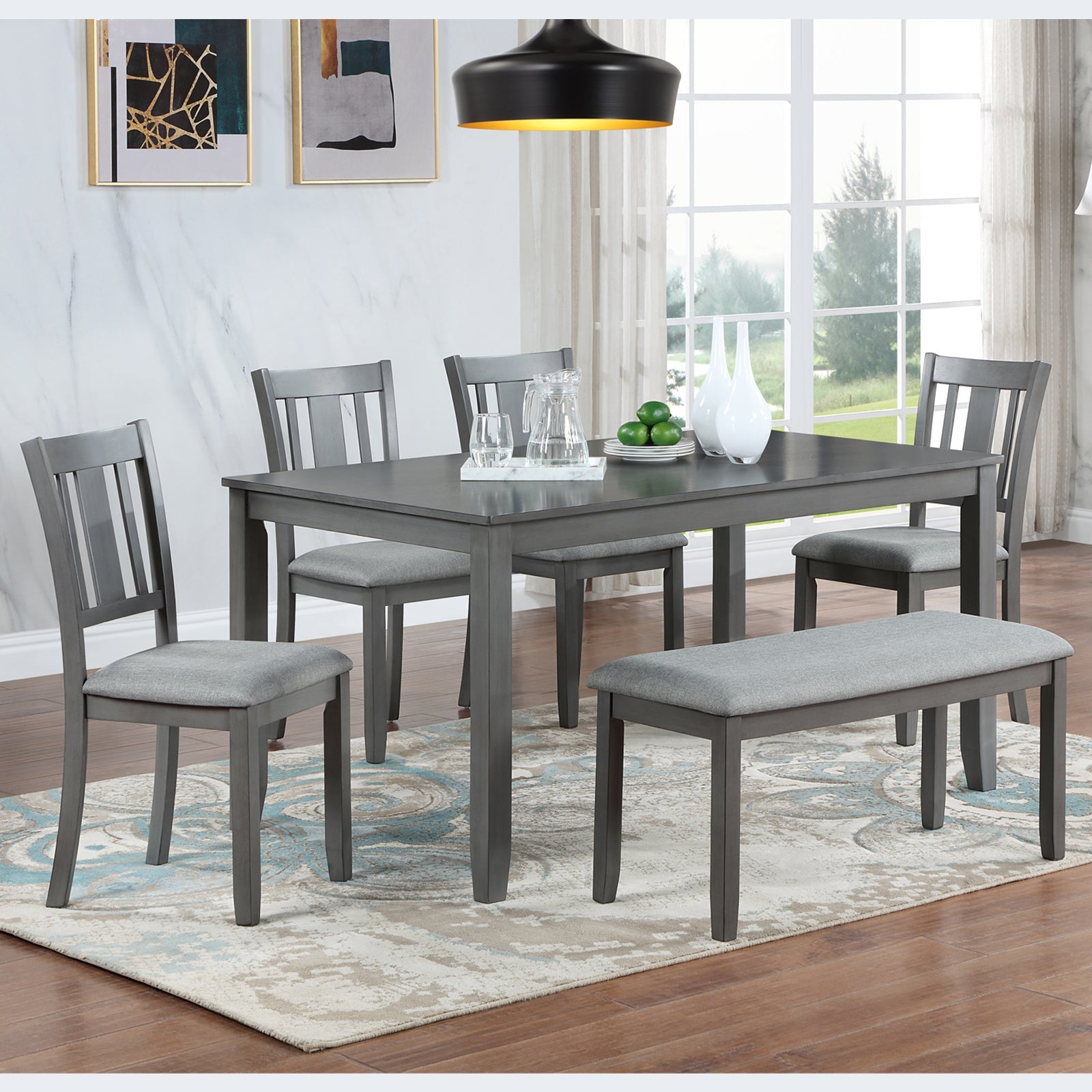 6PCs Kitchen Dining Set, Rectangular Wooden Dining Table with 4 Upholstered Chairs and a Bench, Dining Table Set for 6 People, Living Room, Home Bar and Kitchen, Gray - 1st Choice Furniture Direct
