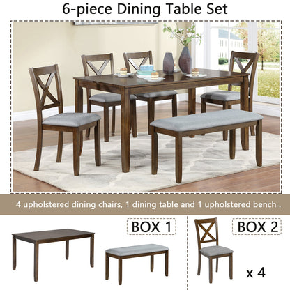 6PCs Kitchen Dining Set, Rectangular Wooden Dining Table with 4 Upholstered Chairs and a Bench, Dining Table Set for 6 People, Living Room, Home Bar and Kitchen, Walnut - 1st Choice Furniture Direct