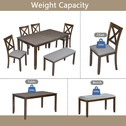 6PCs Kitchen Dining Set, Rectangular Wooden Dining Table with 4 Upholstered Chairs and a Bench, Dining Table Set for 6 People, Living Room, Home Bar and Kitchen, Walnut - 1st Choice Furniture Direct