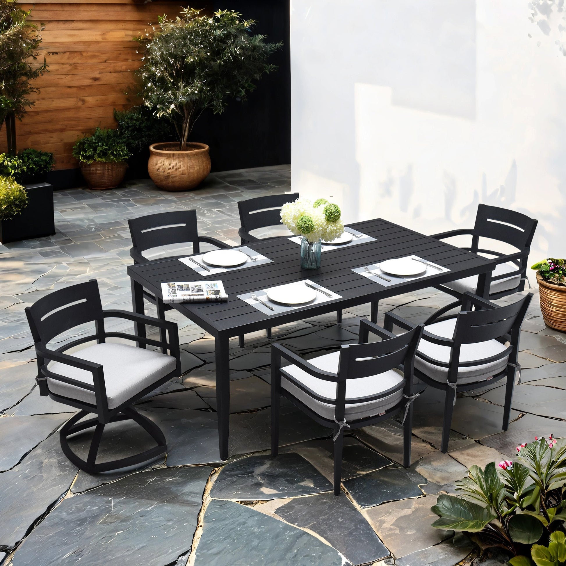7 - Piece Outdoor Patio Aluminum Furniture, Modern Dining Set, including 4 Dining Chairs & 2 Swivel Rockers Sunbrella Fabric Cushioned and Rectangle Dining Table with Umbrella Hole, Ember Black - 1st Choice Furniture Direct