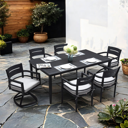 7 - Piece Outdoor Patio Aluminum Furniture, Modern Dining Set, including 4 Dining Chairs & 2 Swivel Rockers Sunbrella Fabric Cushioned and Rectangle Dining Table with Umbrella Hole, Ember Black - 1st Choice Furniture Direct