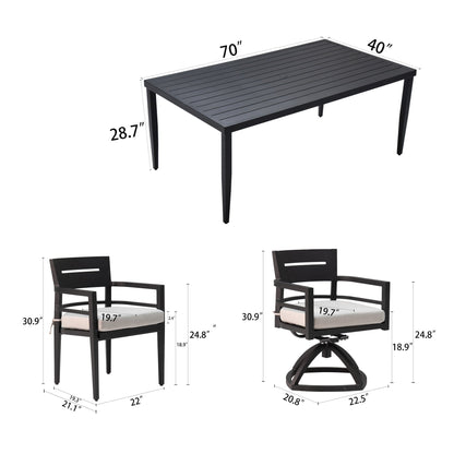 7 - Piece Outdoor Patio Aluminum Furniture, Modern Dining Set, including 4 Dining Chairs & 2 Swivel Rockers Sunbrella Fabric Cushioned and Rectangle Dining Table with Umbrella Hole, Ember Black - 1st Choice Furniture Direct