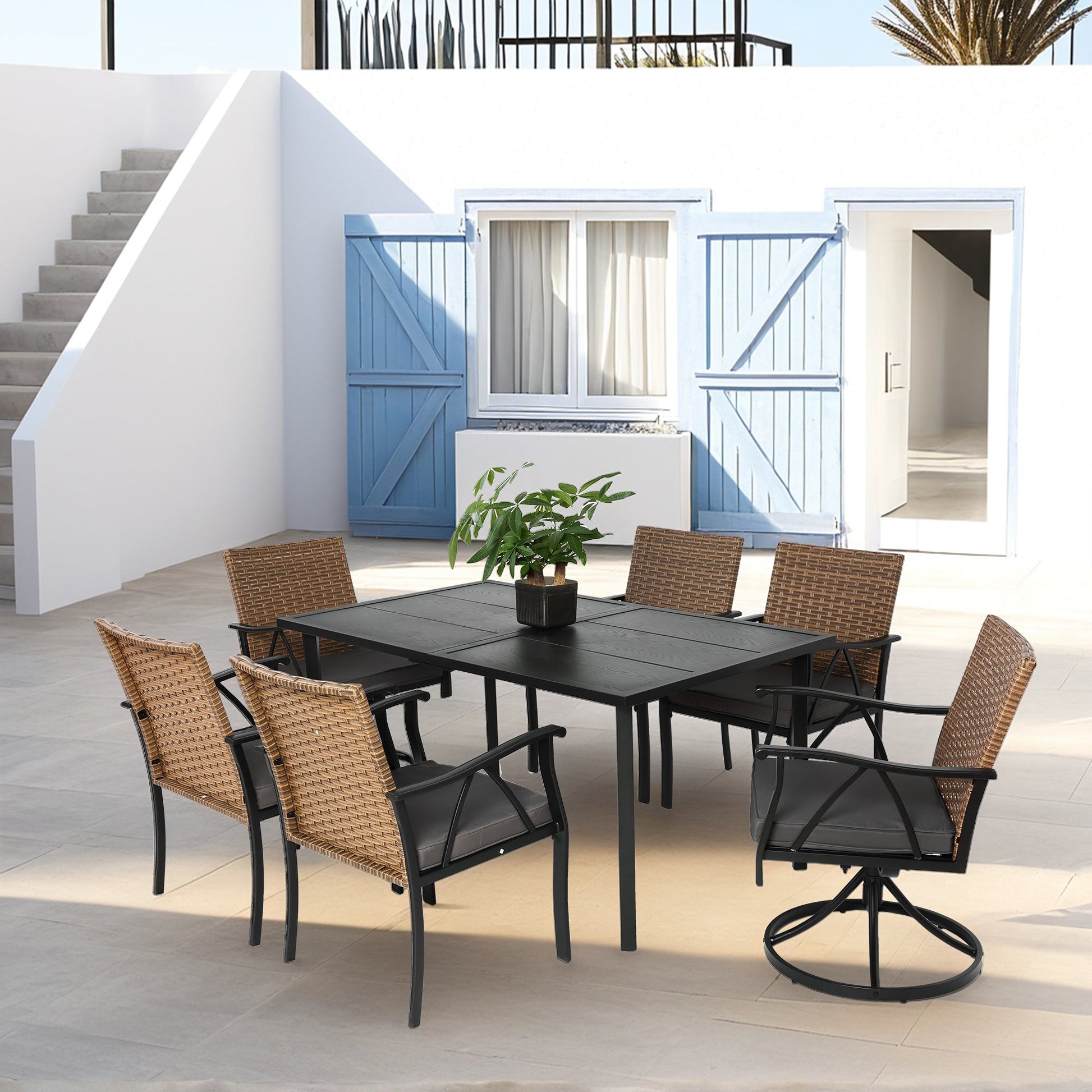 7 Piece Patio Dining Set ,Outdoor Wicker Furniture Set for Backyard Garden Deck Poolside with 2 Cushions Swivel Rocker Chairs,4 Cushions chairs,Table Top, Removable Cushions - 1st Choice Furniture Direct