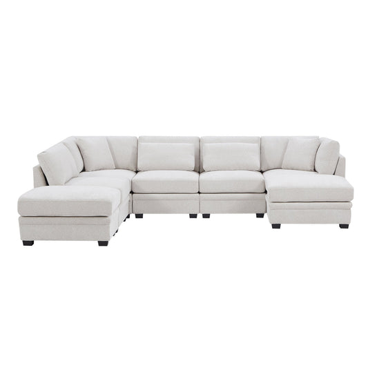 7 - Piece Reversible Modular Corner Sectional - Beige(two corner chairs, three armless chairs, and two ottomans) - 1st Choice Furniture Direct