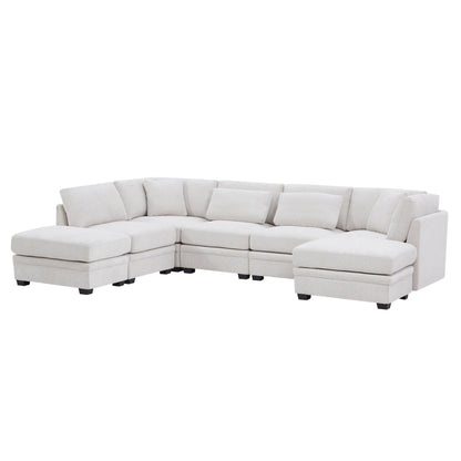 7 - Piece Reversible Modular Corner Sectional - Beige(two corner chairs, three armless chairs, and two ottomans) - 1st Choice Furniture Direct