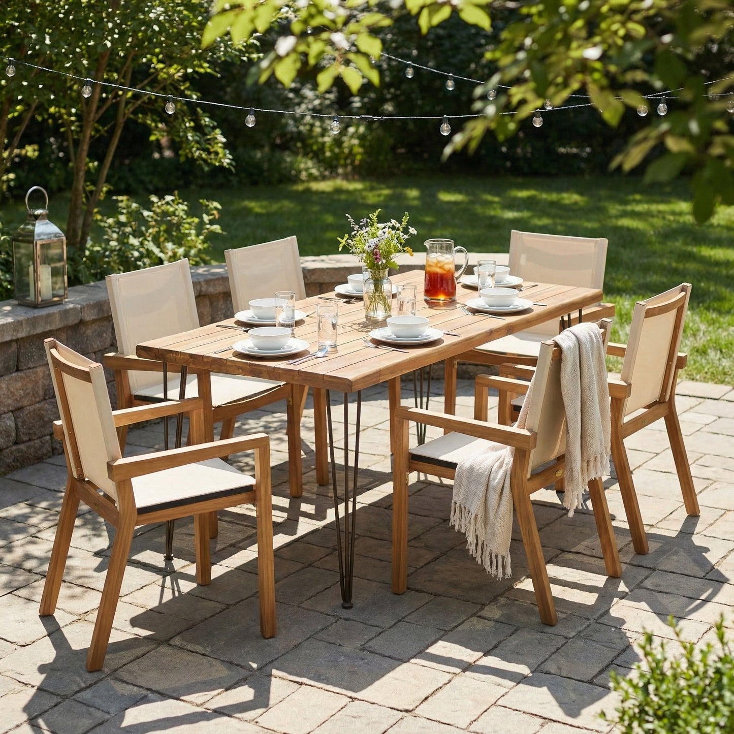 7 Pieces Acacia Wood Outdoor Dining Set s,Modern 6 Chairs 1 Large Table, Dining Furniture Set for Lawn, Backyard, Garden Deck,Poolside,Beige - 1st Choice Furniture Direct